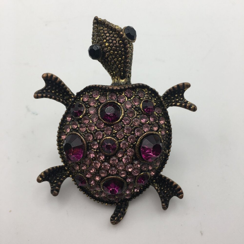 VTG Sea Turtle Ring Stretch Band Pink Purple Rhinestones Gold Tone Metal 2.5"